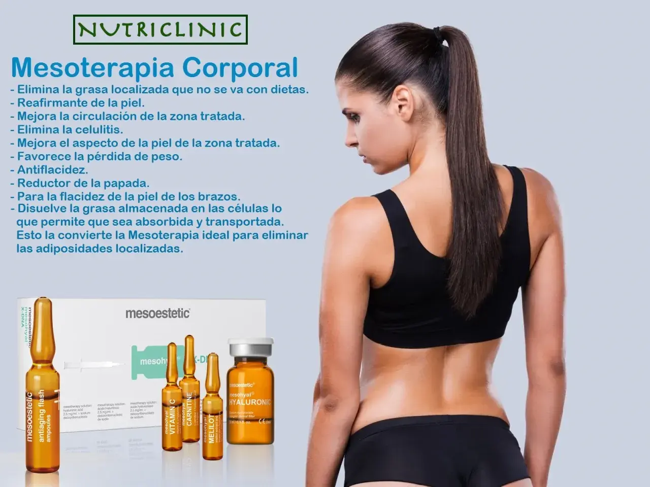 Mujer con espalda descubierta, mostrando resultados de mesoterapia abdominal. Productos de mesoterapia en primer plano.