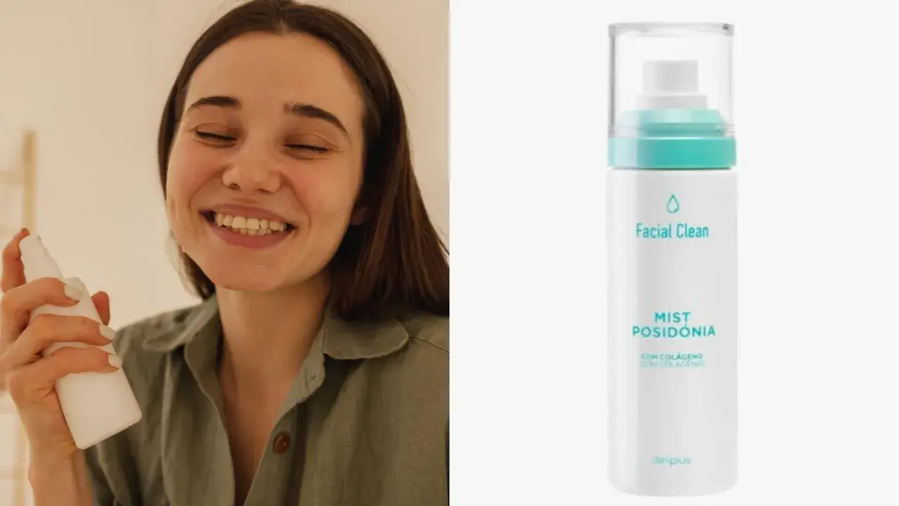 Mujer sonríe mientras se rocía agua refrescante para la cara Mercadona. El producto es un mist facial con colágeno.