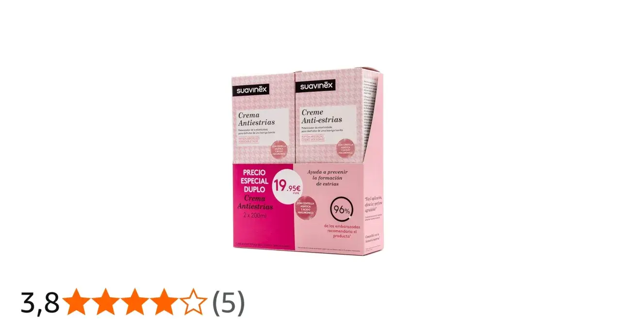 Pack doble de Crema Antiestrías Suavinex, con opiniones positivas. Ayuda a prevenir la formación de estrías.