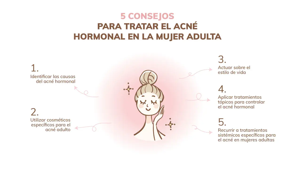 Ilustración de mujer con consejos para el acné hormonal en mujeres adultas: identificar causas, usar cosméticos, estilo de vida, tratamientos tópicos y sistémicos.
