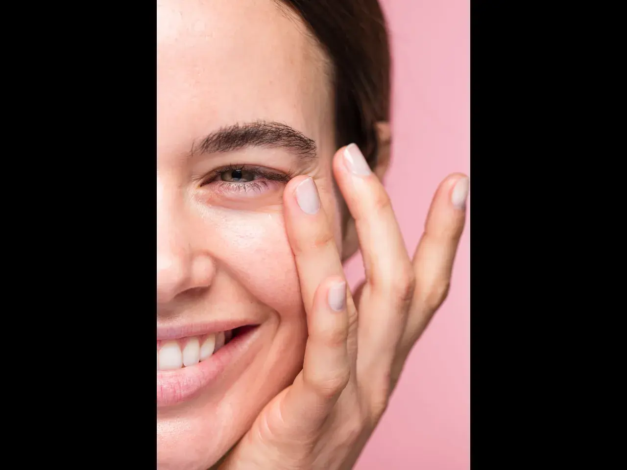 Una mujer sonríe mientras se aplica suavemente un producto en el contorno de ojos. Las opiniones sobre contorno ojos freshly son muy positivas.