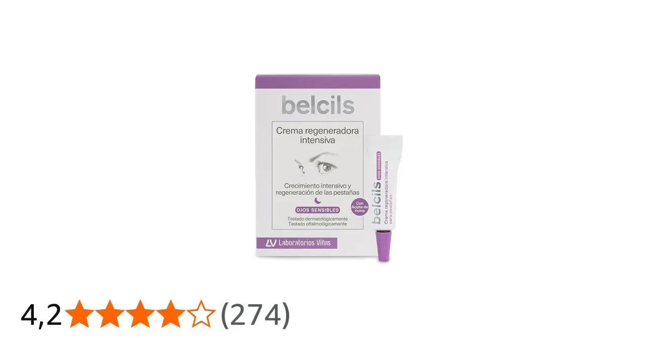 Crema regeneradora intensiva Belcils para pestañas. Opiniones positivas sobre su crecimiento y regeneración. Ideal para ojos sensibles.