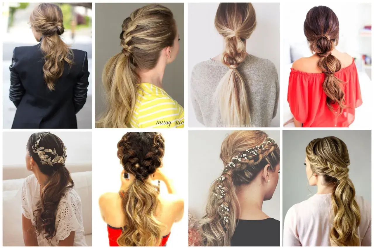 Ocho peinados de coleta alta para boda, con trenzas, adornos florales y estilos románticos.