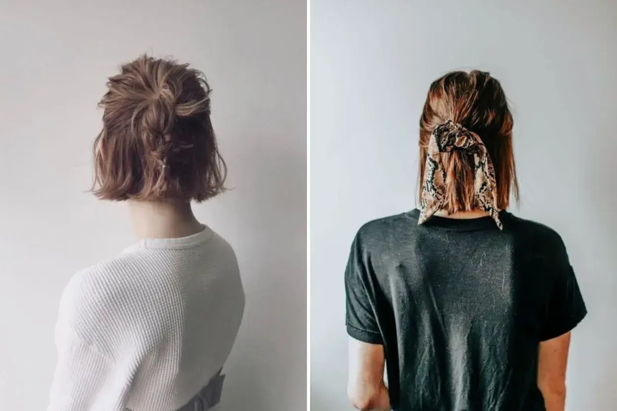 Dos estilos de trenzas peinados para corte bob: uno recogido con trenza y otro con pañuelo estampado.