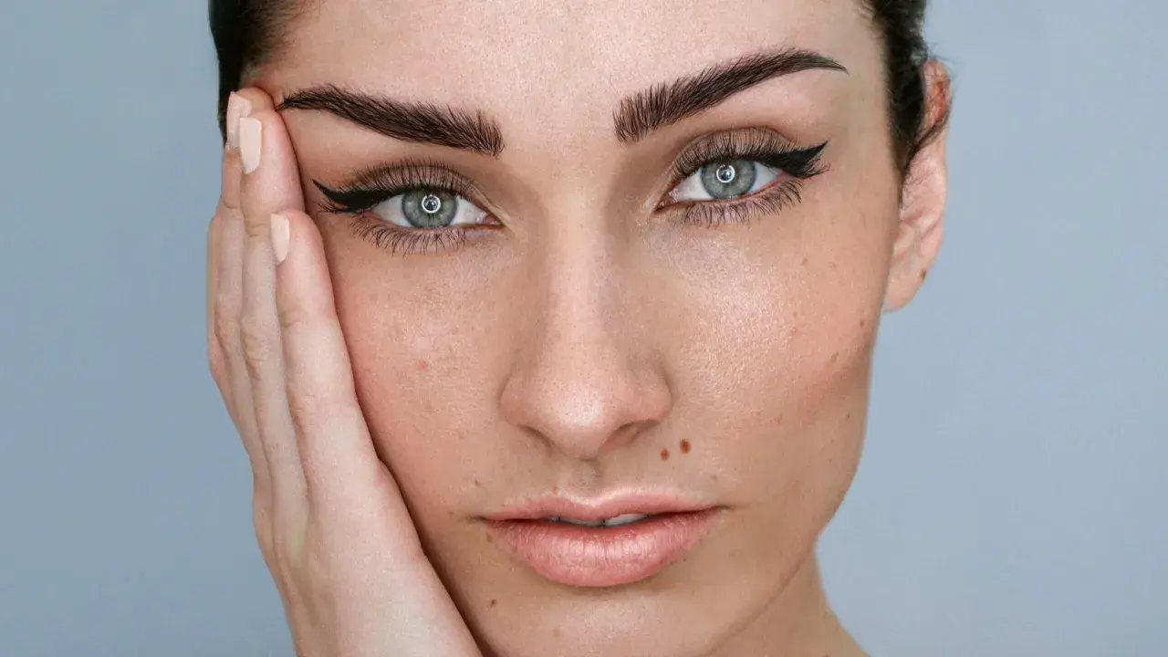 Mujer con microblading cejas perfectas, delineado de ojos y piel radiante.