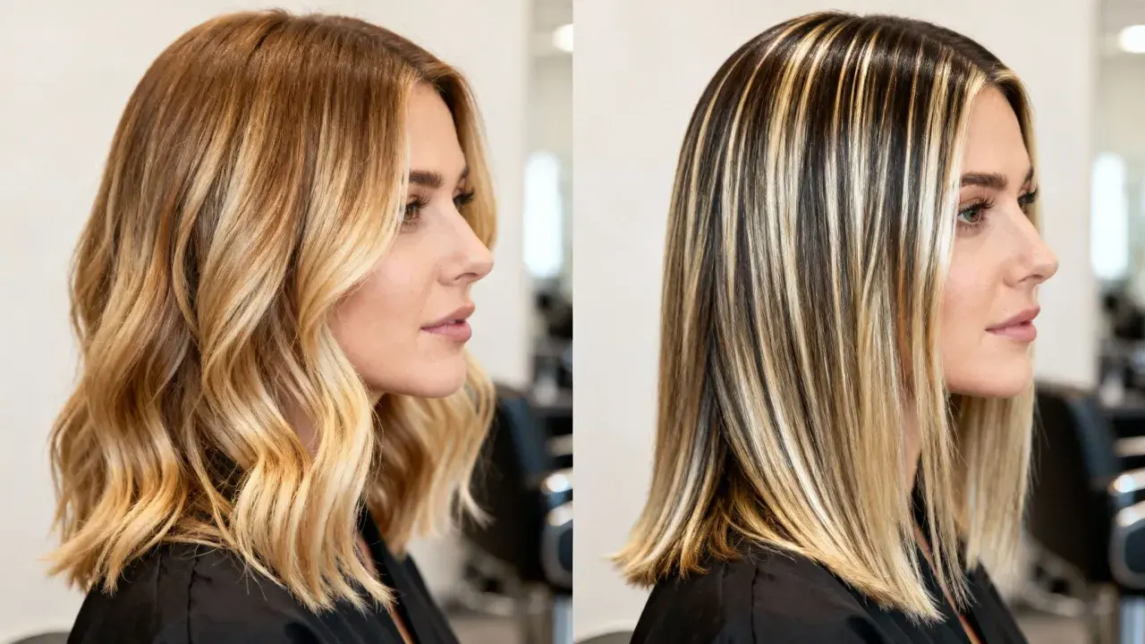Diferencia entre mechas y balayage: cabello rubio con ondas vs. cabello liso con reflejos marcados.