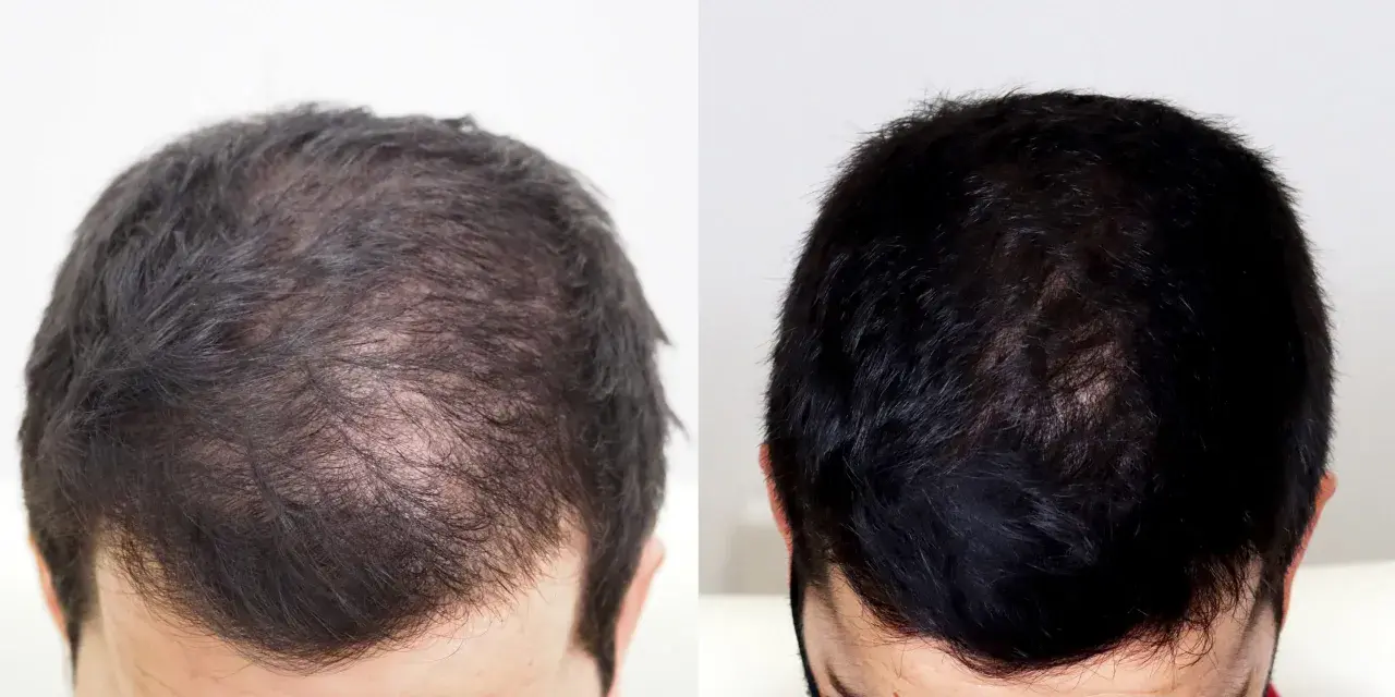 Comparativa de mesoterapia capilar antes y después: cabello más denso y oscuro.
