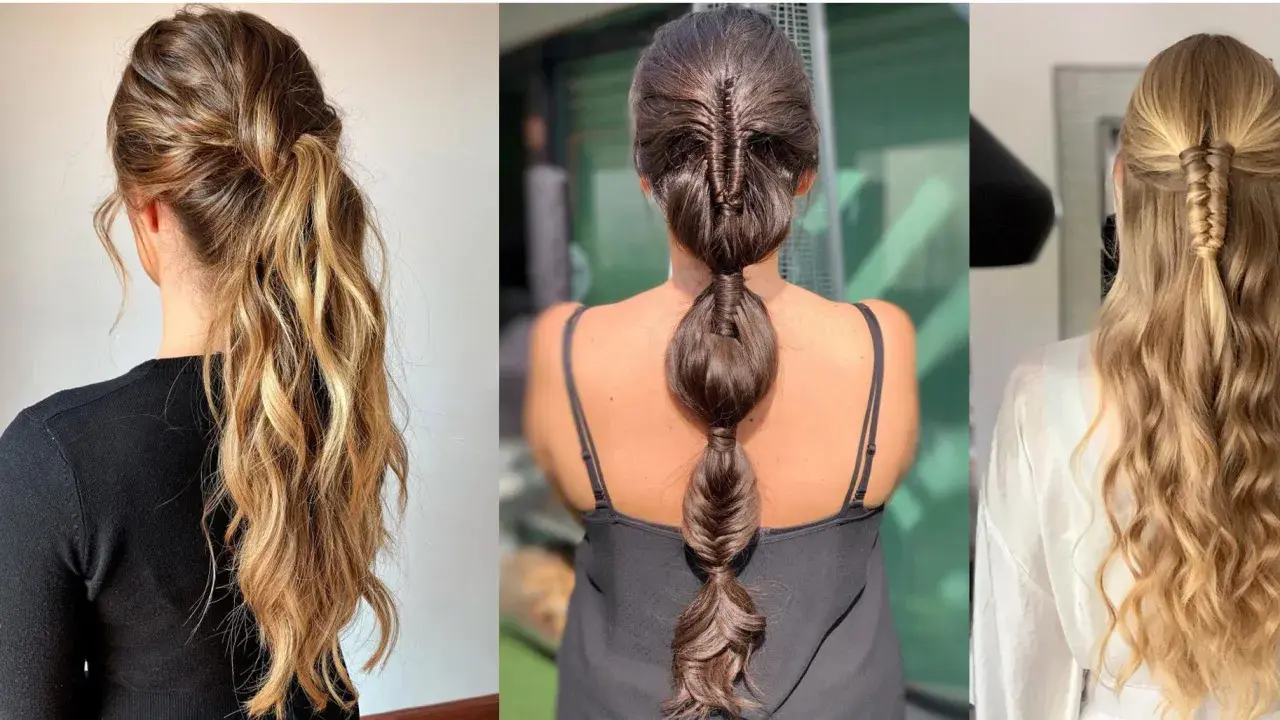 Peinados pelo largo liso fiesta: coleta baja con ondas, trenza burbuja y media coleta trenzada.