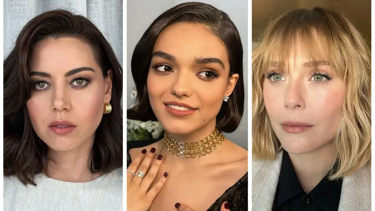 Tres mujeres lucen diferentes peinados bob: uno oscuro y ondulado, otro corto y liso con raya lateral, y uno rubio con flequillo.