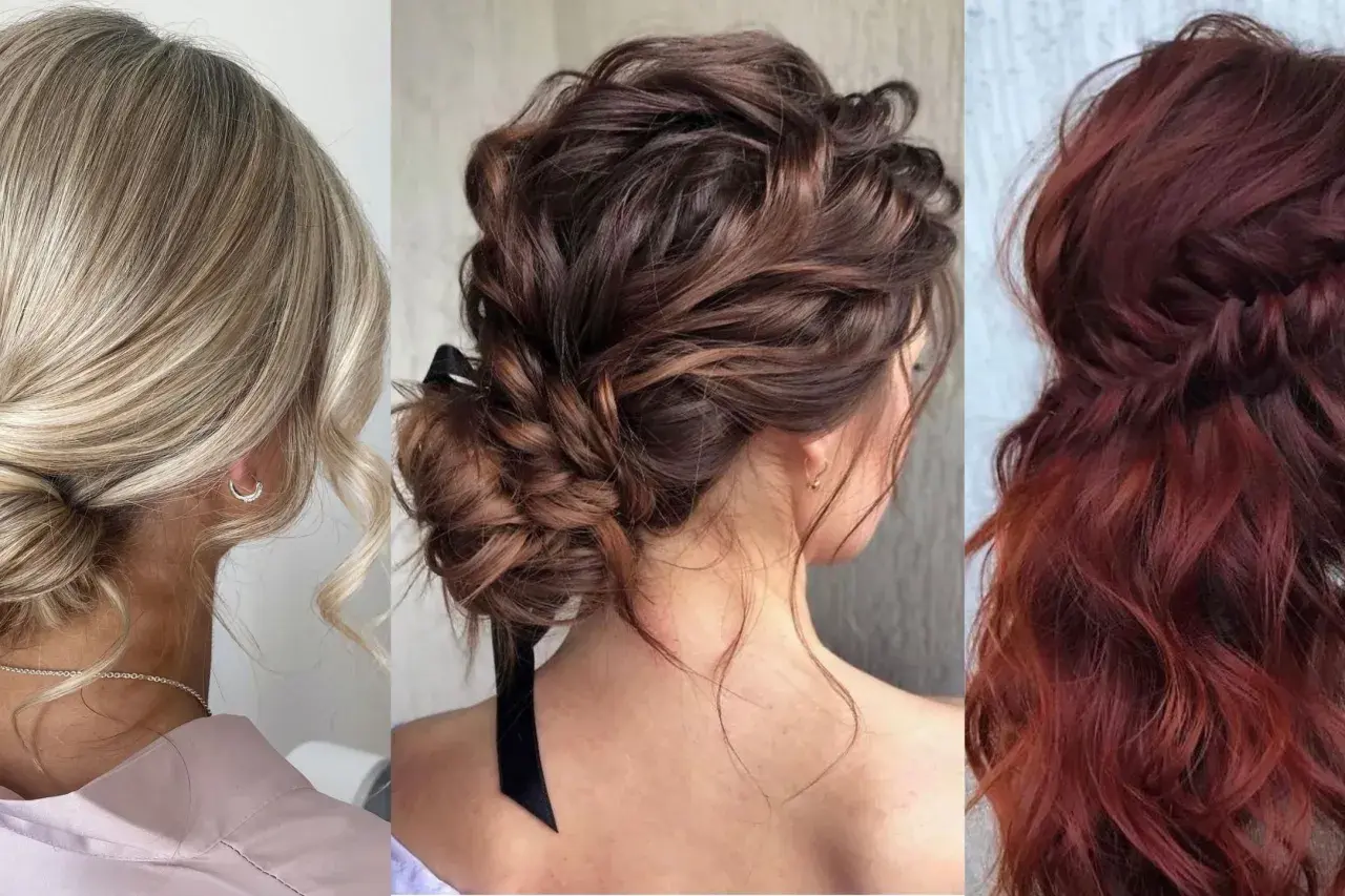 Peinados para ir de fiesta: moño bajo rubio, recogido castaño con cinta negra y melena rojiza con trenza.