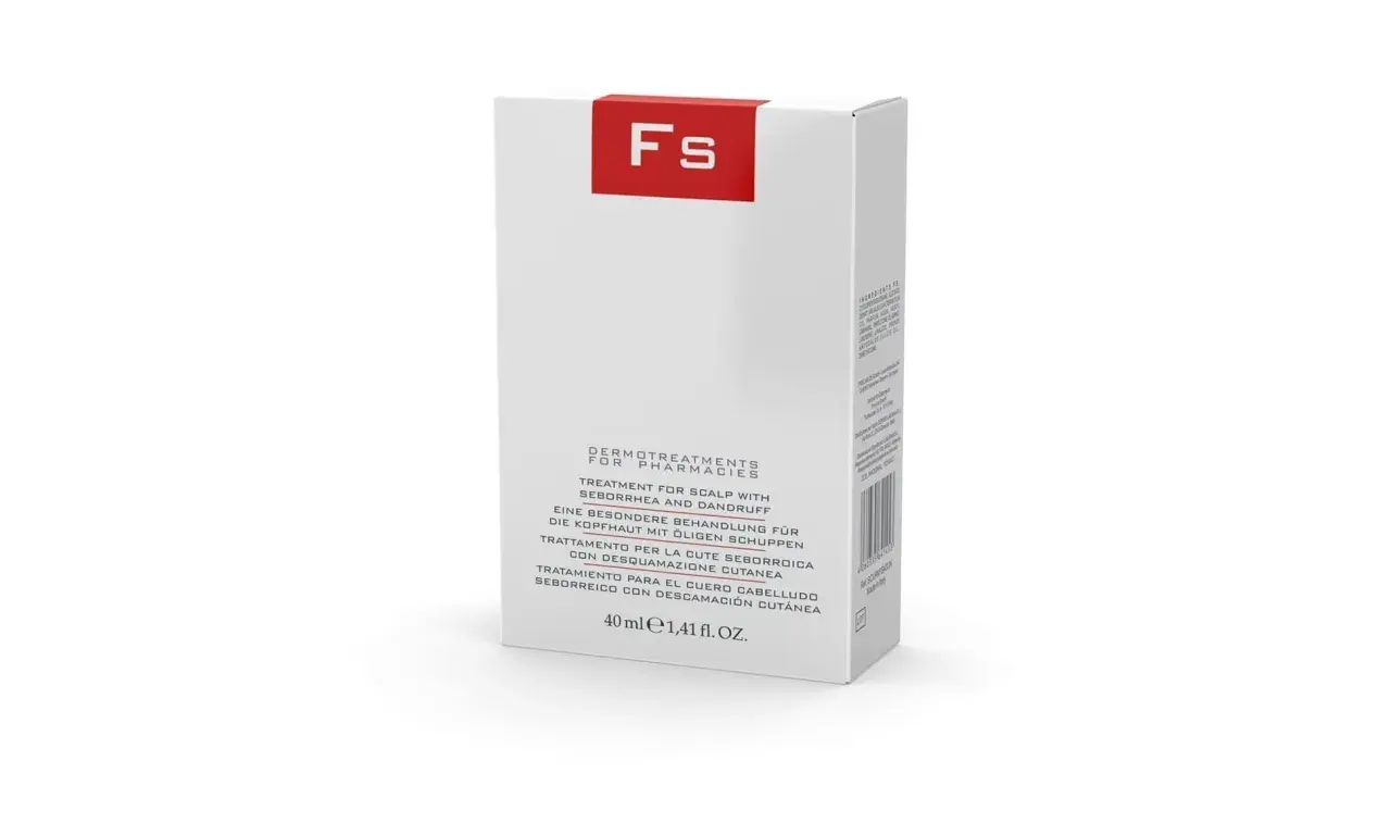 Caja de tratamiento capilar FS, con texto en varios idiomas indicando "vital plus fs" para cuero cabelludo con seborrea y caspa.