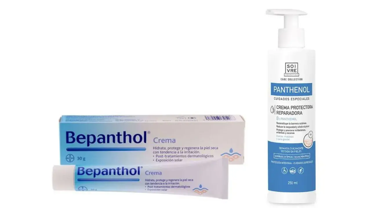 Bepanthol Crema y una loción con pantenol que es un ingrediente clave para reparar la piel seca e irritada.