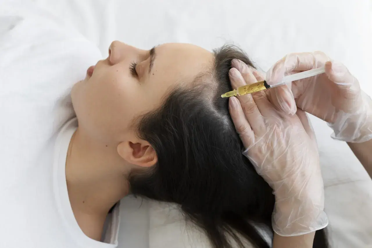 Mujer recibiendo mesoterapia capilar. Una mano enguantada aplica una inyección en el cuero cabelludo para estimular el crecimiento del cabello.