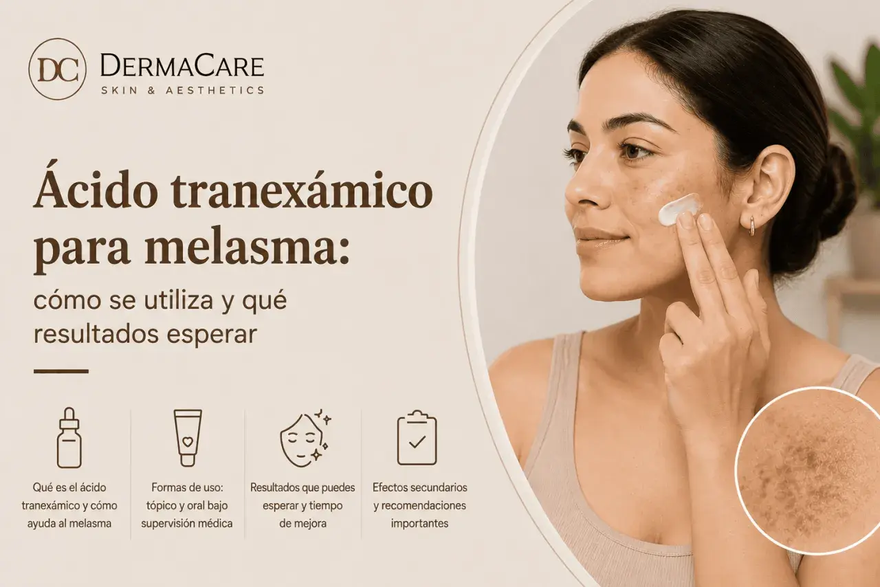 Mujer aplicando crema en su rostro, con texto sobre ácido tranexámico para melasma.