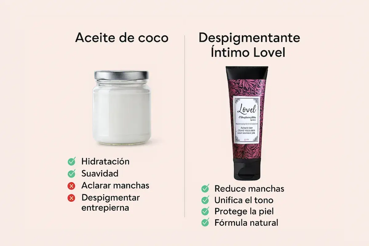 Aceite de coco para hidratación y suavidad, no despigmenta. Despigmentante íntimo Lovel: reduce manchas, unifica tono, protege la piel.