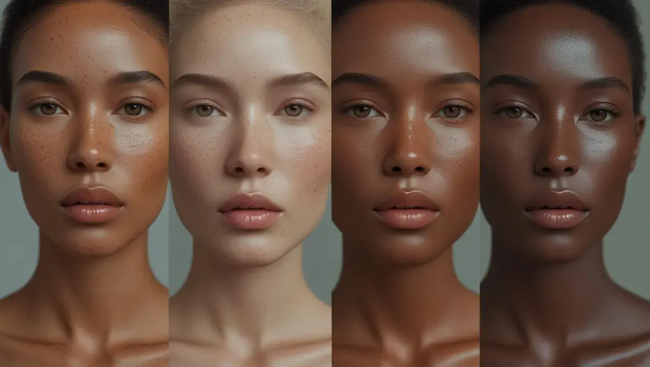 Cuatro rostros de mujeres con diferentes tonos de piel, mostrando la diversidad de tipos de serum para cada una.