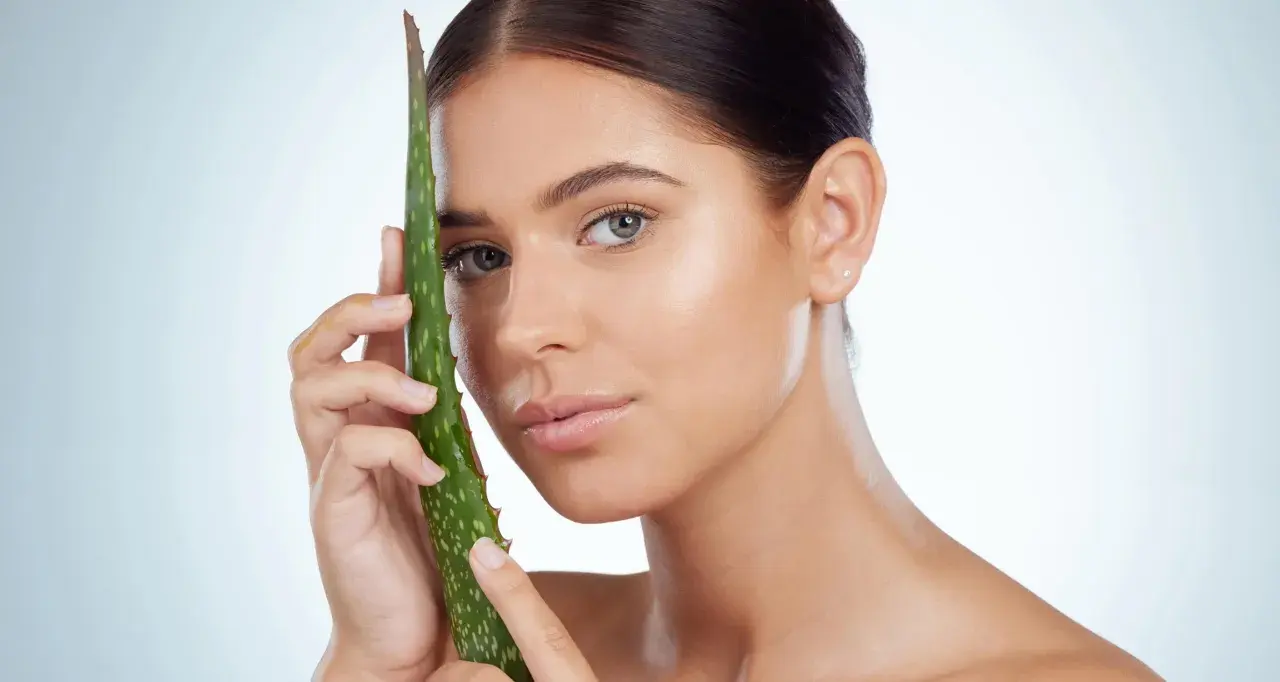 Mujer con piel radiante sosteniendo una hoja de aloe vera, ideal para el cuidado del aloe vera para la cara.