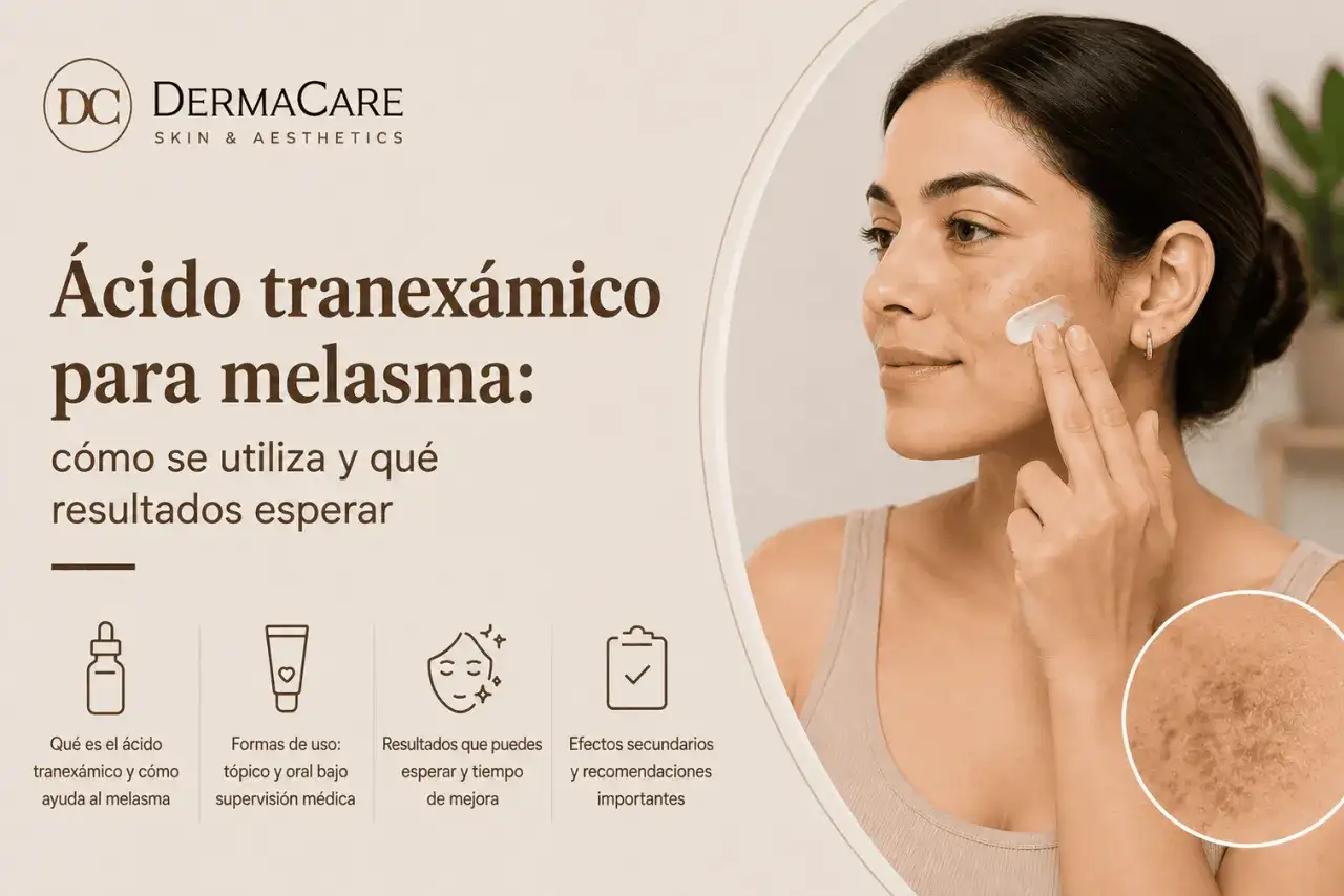 Mujer aplicando crema en su rostro, con texto sobre ácido tranexámico para melasma.