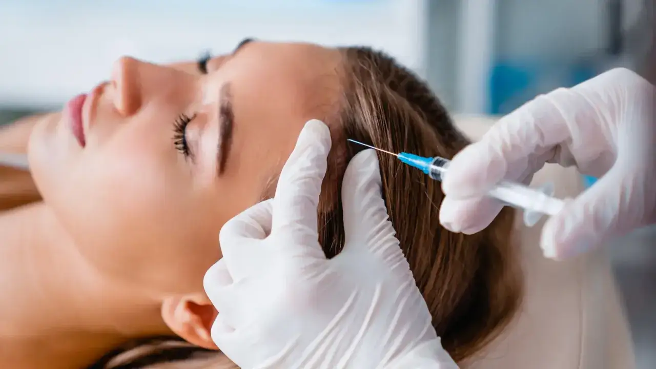 Una mujer recibe mesoterapia capilar. Unas manos enguantadas inyectan una solución en su cuero cabelludo para estimular el crecimiento del cabello.