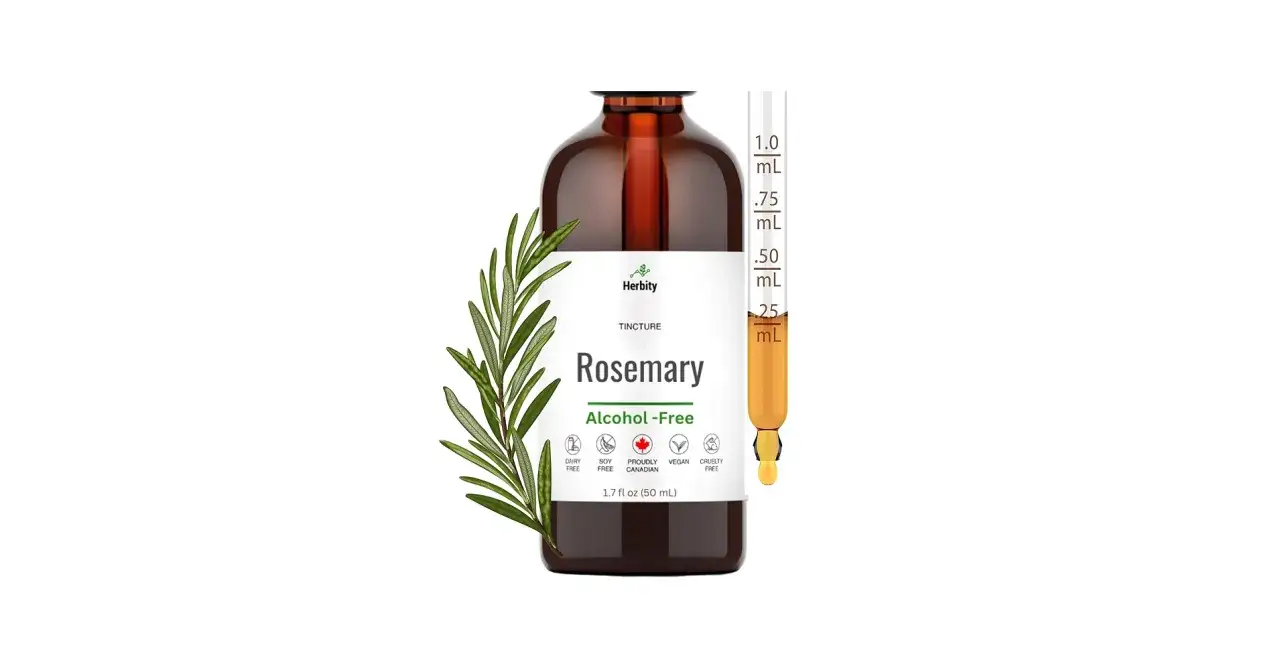 Frasco de tintura de romero sin alcohol, destacando sus propiedades beneficiosas. Incluye una rama de romero y un gotero medidor.