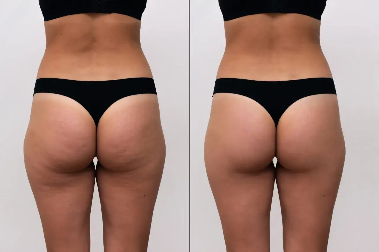 Comparativa de glúteos antes y después de tratamiento de radiofrecuencia para celulitis.