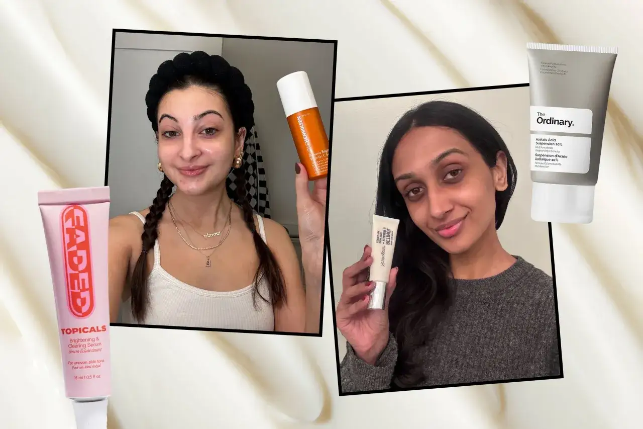 Dos mujeres muestran productos para tratamientos despigmentantes: un s&eacute;rum de Topicals, un suero de Ole Henriksen y una suspensi&oacute;n de The Ordinary.