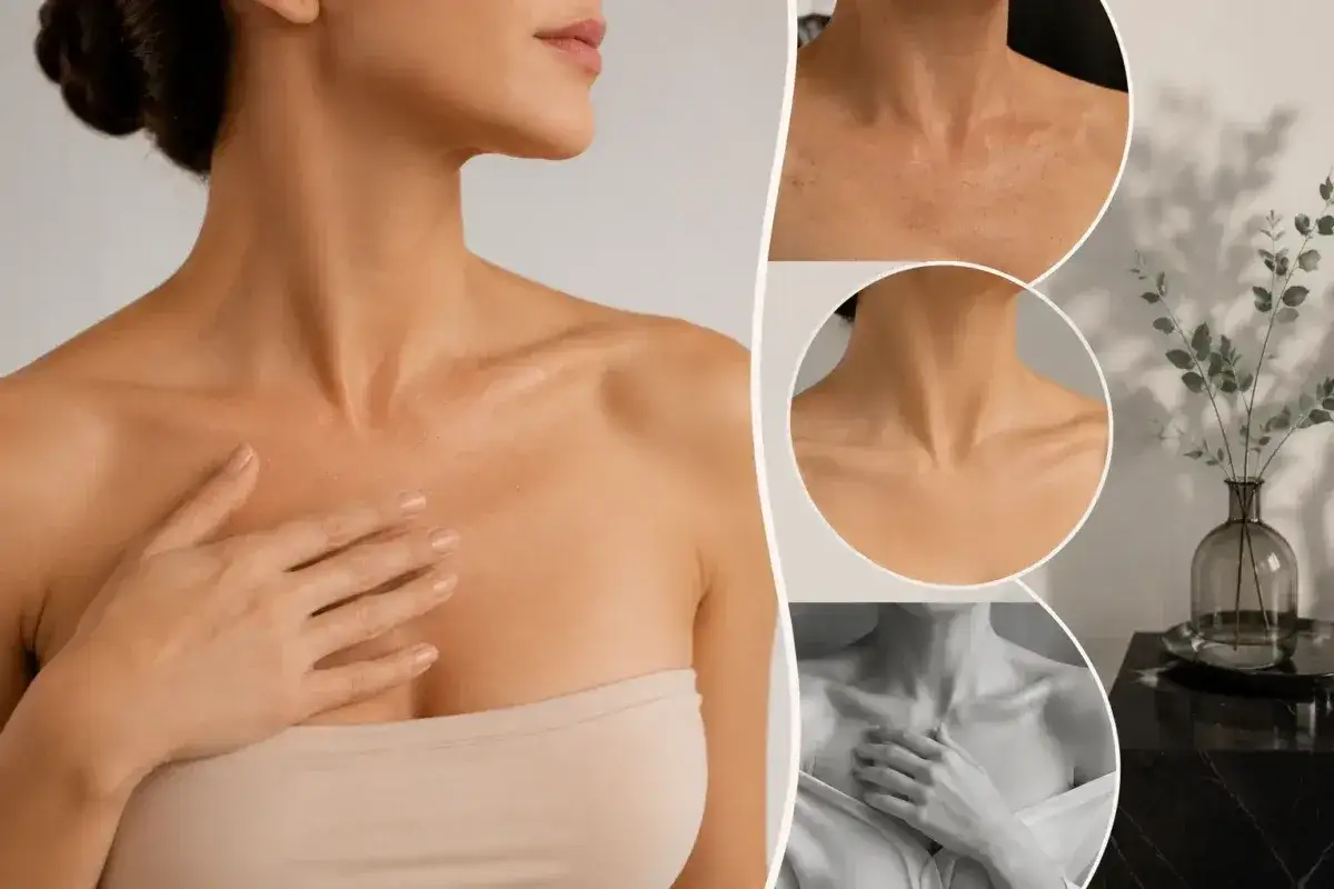 Collage mostrando el antes y despu&eacute;s de tratamientos para las arrugas en el pecho. Una mujer se toca el escote.