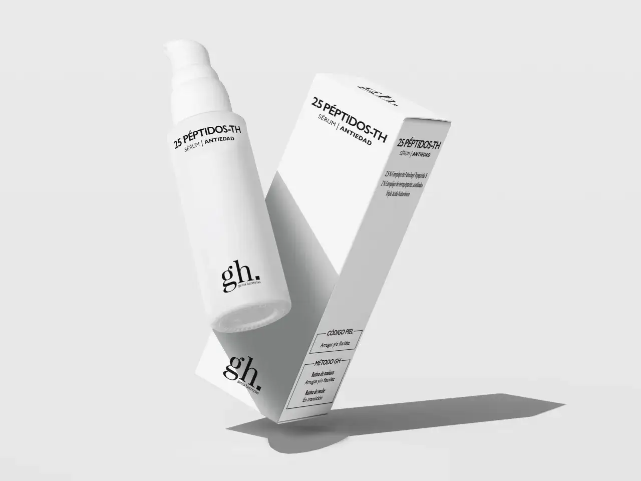 S&eacute;rum antiedad con p&eacute;ptidos en cosm&eacute;tica, que combate arrugas y flacidez. Presentaci&oacute;n de producto y caja.