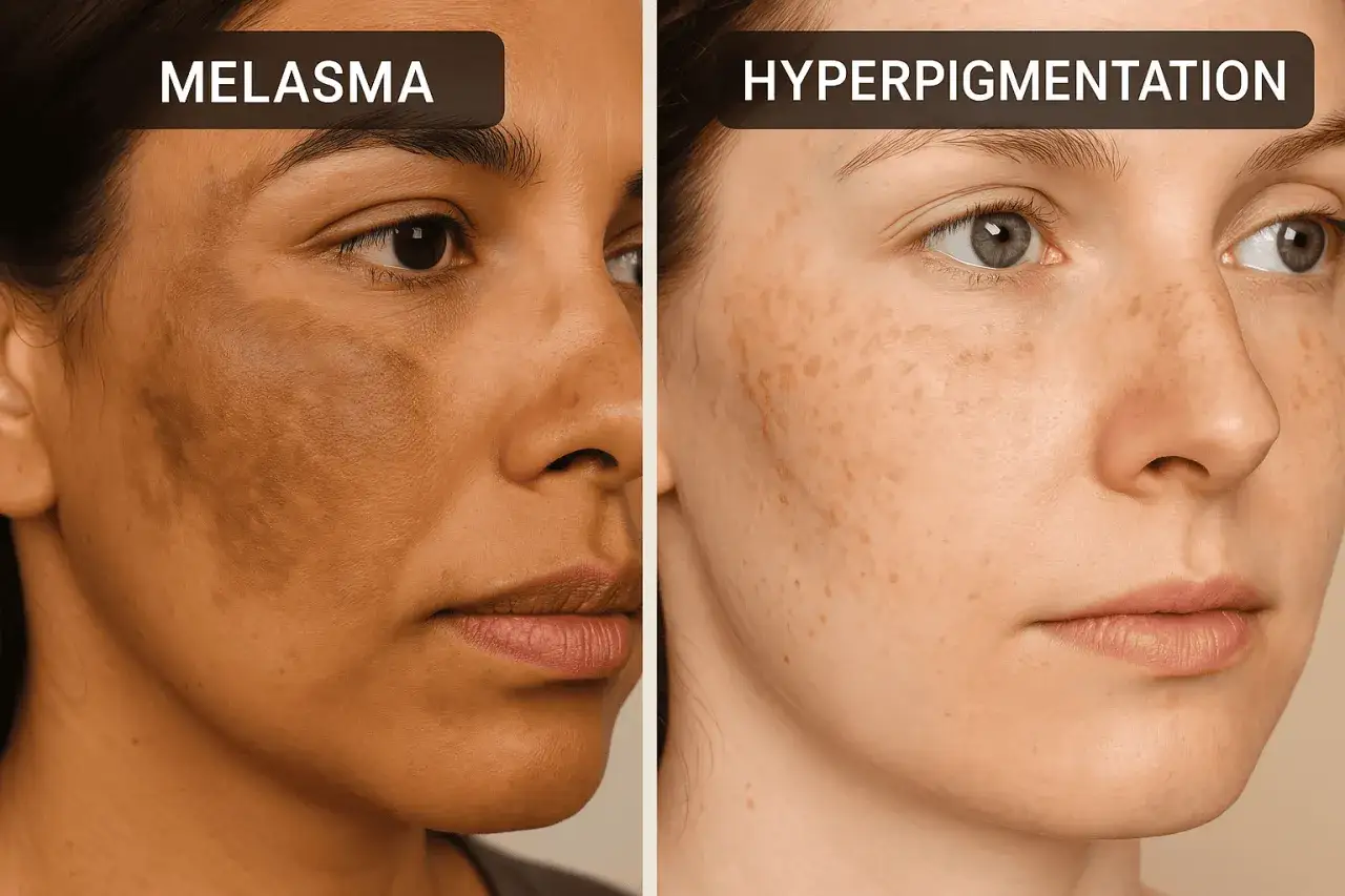 Comparaci&oacute;n de melasma en la cara con manchas de hiperpigmentaci&oacute;n.
