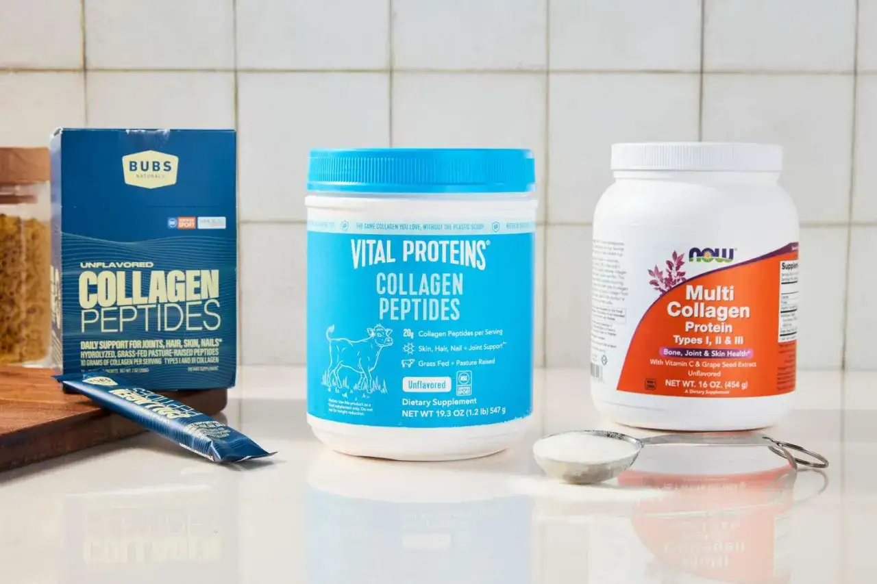 Tres envases de colágeno: Bubs Naturals, Vital Proteins y NOW Foods. El colágeno es clave para la salud.