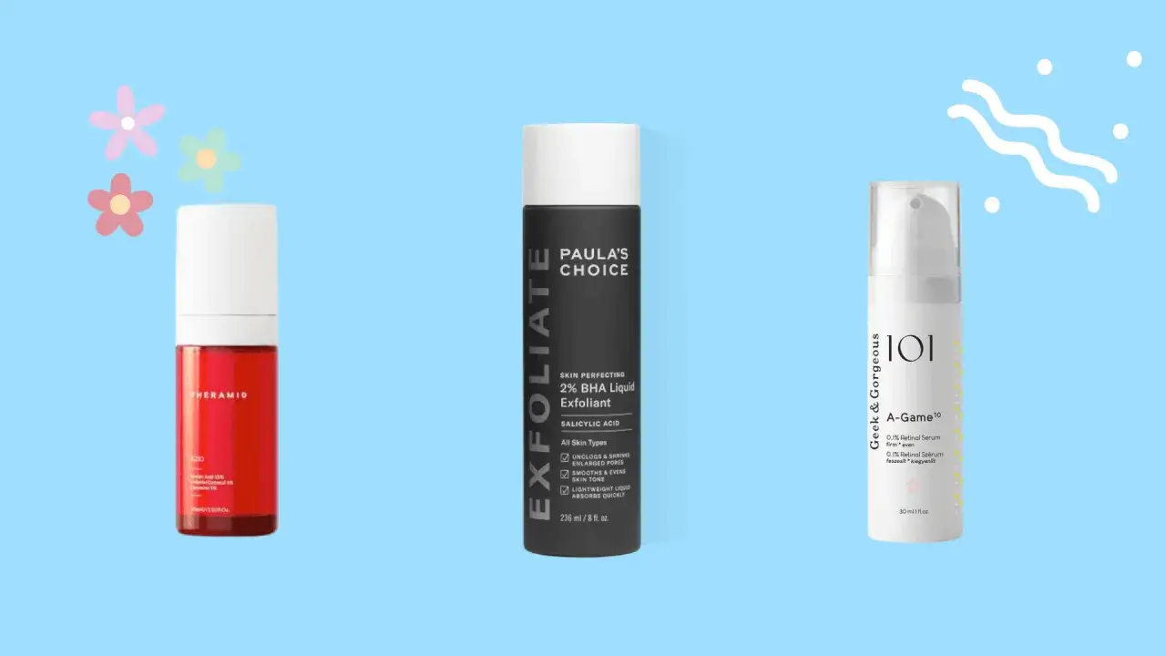 Tres productos para ayudarte a quitar granos de la cara: un s&eacute;rum de &aacute;cido azelaico, un exfoliante BHA y un s&eacute;rum de retinol.
