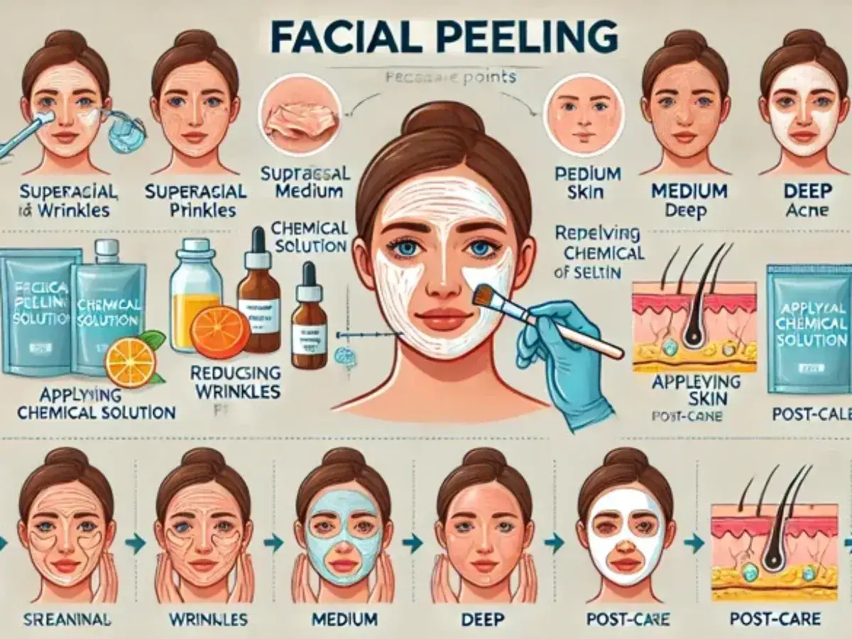 Ilustraci&oacute;n de un peeling facial para tratar manchas y arrugas, mostrando diferentes profundidades y cuidados post-tratamiento.