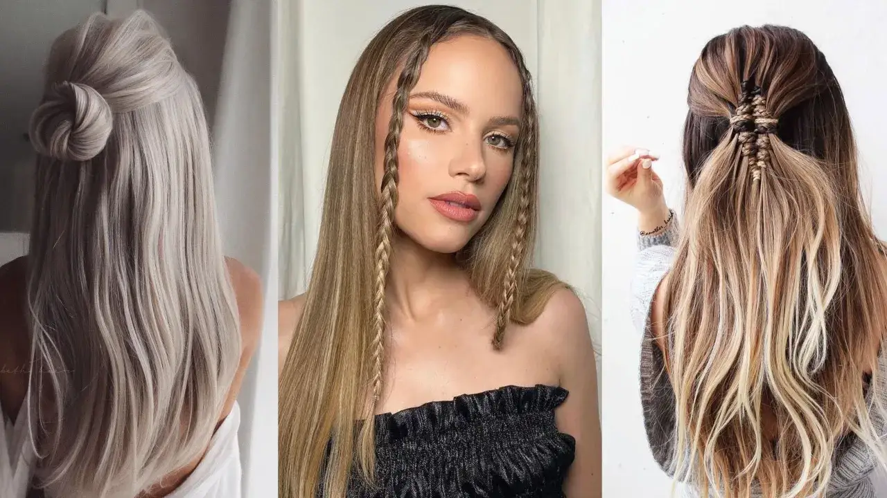 Peinados pelo liso: moño alto, trenzas finas a los lados y recogido trenzado con mechones sueltos.