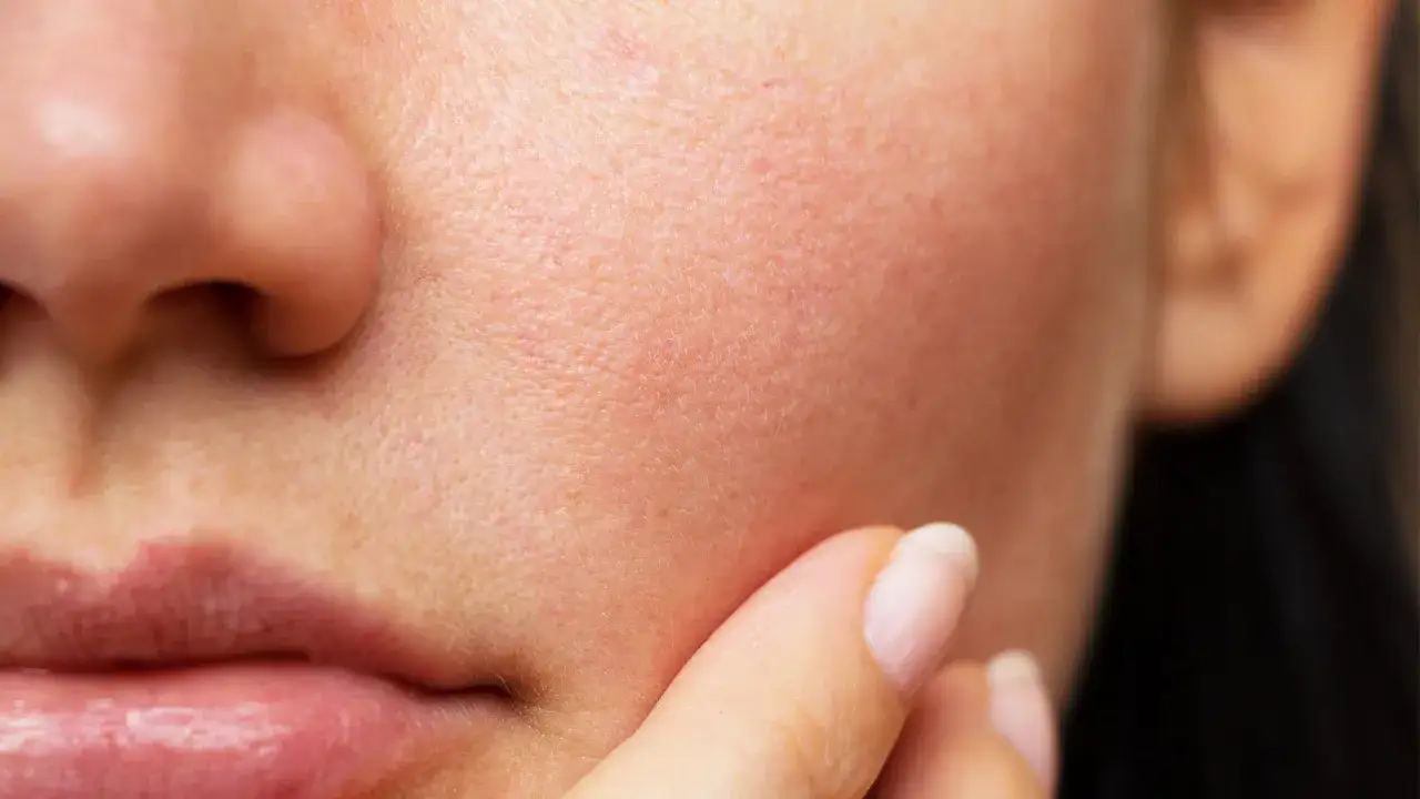 Primer plano de una mejilla con rojeces en la cara, mostrando la textura de la piel y un dedo toc&aacute;ndola suavemente.