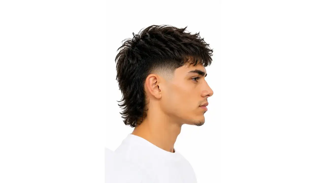 Perfil de un hombre con un moderno corte mullet, cabello oscuro y despeinado, con degradado en los laterales.