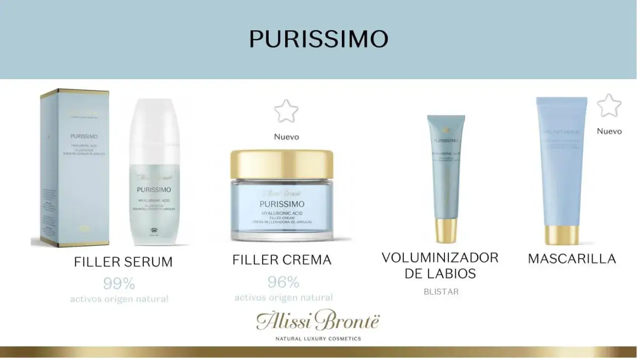 L&iacute;nea Purissimo de Alissi Bront&euml; con &aacute;cido hialur&oacute;nico: serum, crema y voluminizador de labios.