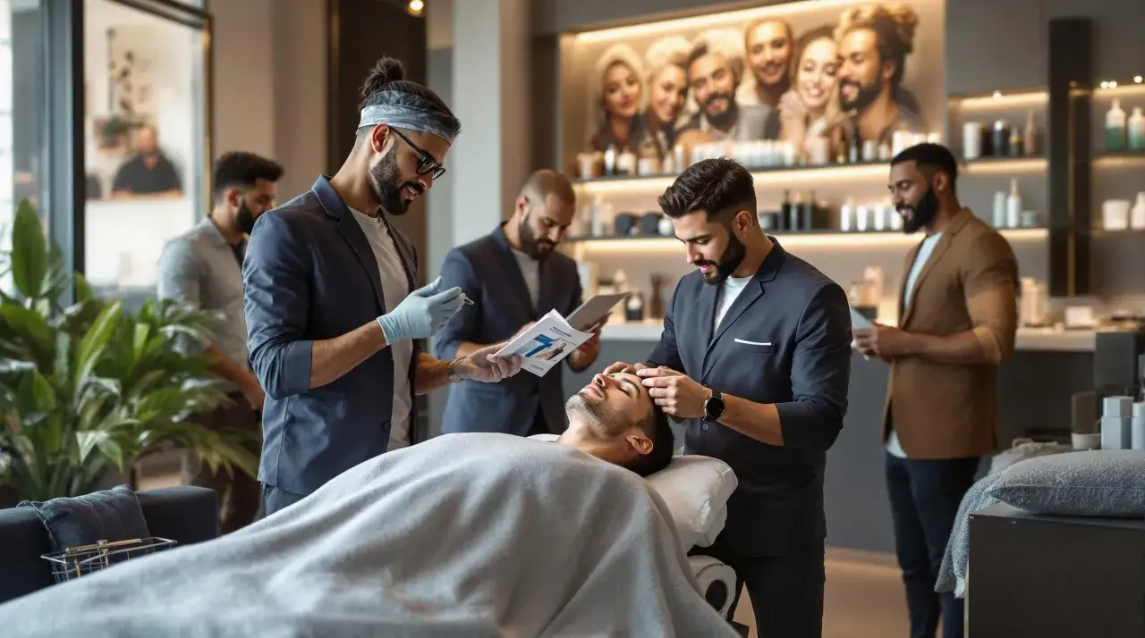 Hombres recibiendo tratamientos de belleza. Un profesional aplica una inyecci&oacute;n mientras otro revisa un folleto.