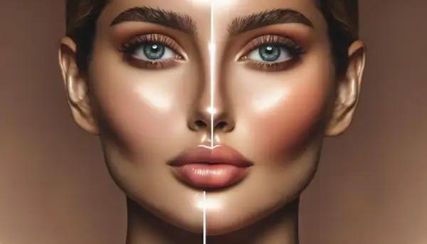 Comparación de acido hialuronico pomulos antes y despues. Rostro femenino con pómulos definidos y labios voluminosos.