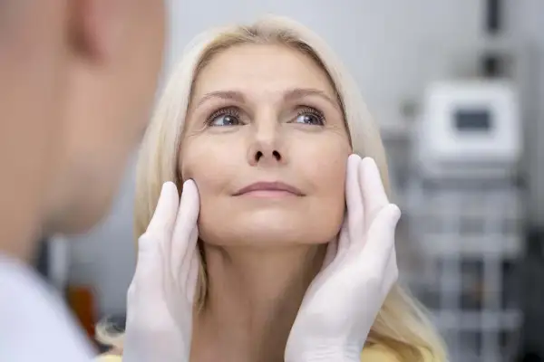 Manos enguantadas evaluando el rostro de una mujer rubia, preparándose para un tratamiento de fotorejuvenecimiento facial.