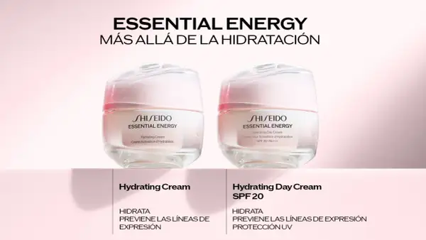 Dos cremas Shiseido Essential Energy, una hidratante y otra de día con SPF 20. Opiniones positivas sobre su hidratación y prevención de líneas de expresión.