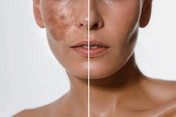 Comparación de piel antes y después de tratamientos despigmentantes, mostrando una reducción visible de manchas y un tono más uniforme.