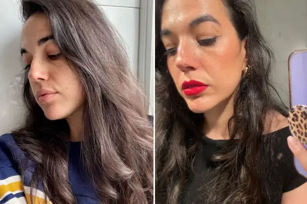 Comparativa de piel: antes sin maquillaje y después con labial rojo vibrante. El retinol antes y después transforma la textura.