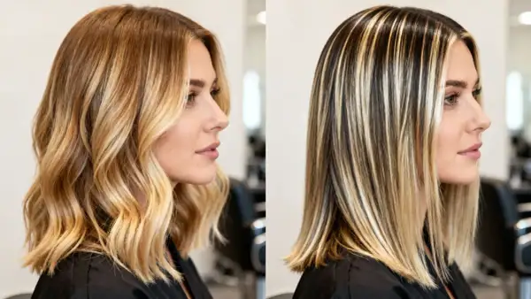 Diferencia entre mechas y balayage: cabello rubio con ondas vs. cabello liso con reflejos marcados.