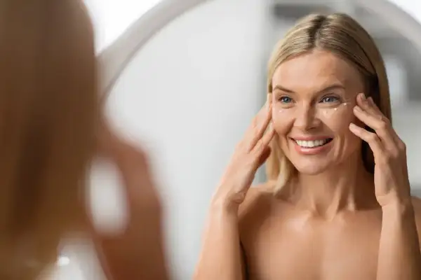 Mujer sonríe frente al espejo, aplicándose crema en el contorno de ojos para atenuar las líneas de expresión.