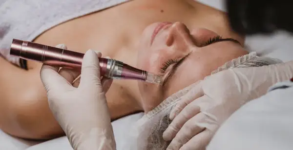Un profesional realiza un microneedling facial con un dispositivo de microagujas para mejorar la piel.