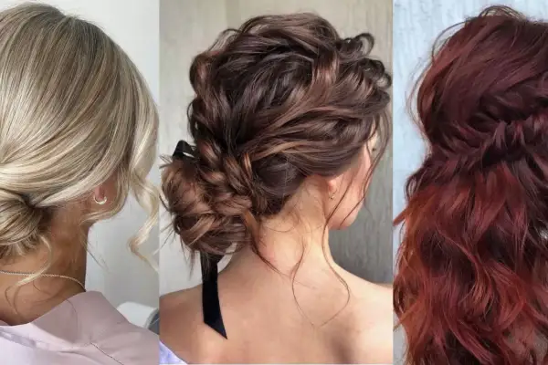 Peinados para ir de fiesta: moño bajo rubio, recogido castaño con cinta negra y melena rojiza con trenza.