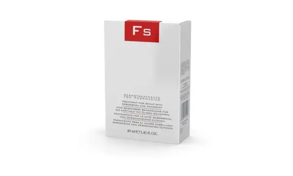 Caja de tratamiento capilar FS, con texto en varios idiomas indicando "vital plus fs" para cuero cabelludo con seborrea y caspa.