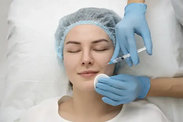 Mujer joven recibe inyección para eliminar surco nasogeniano naturalmente. Manos enguantadas aplican tratamiento estético.
