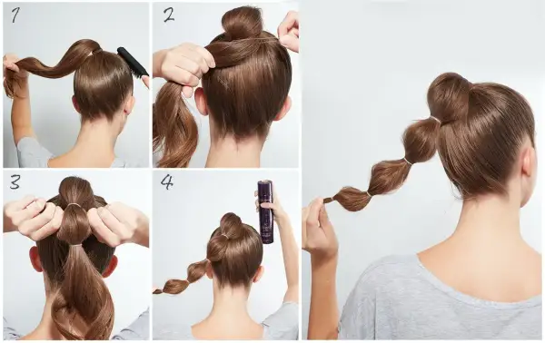 Tutorial de peinado burbuja: pasos para crear una cola de caballo con secciones abultadas.