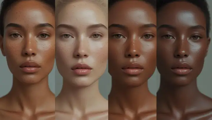 Cuatro rostros de mujeres con diferentes tonos de piel, mostrando la diversidad de tipos de serum para cada una.